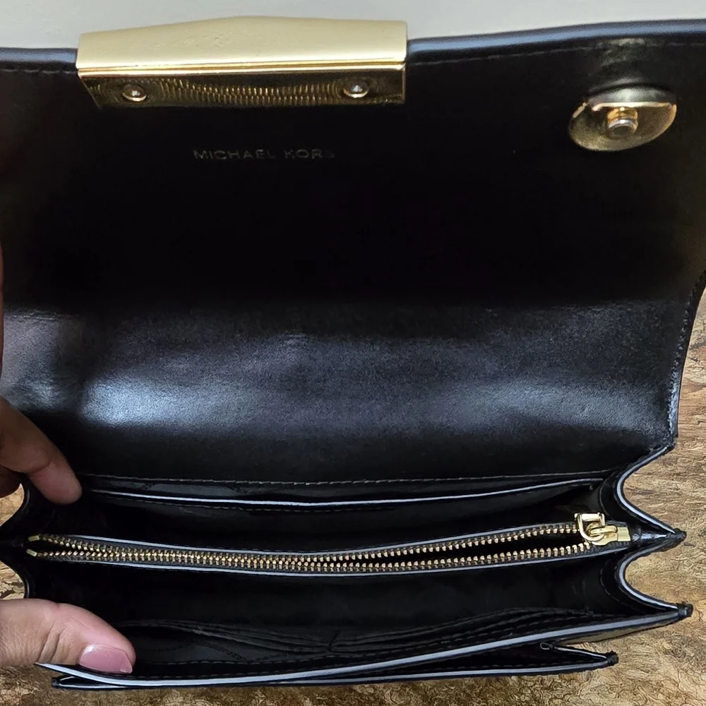 Michael Kors Black Leather Shoulder Bag w/ Gold Chain Strap + FREE Bag Scarf